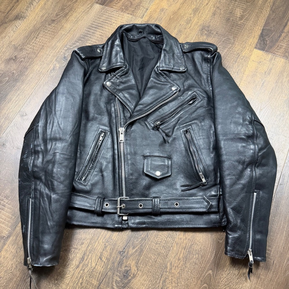 Vintage 80s 90s Mens M Heavy Leather Motorcycle Jacket Padded Sleeves Biker YKK